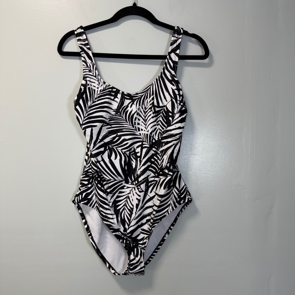 Ocean Pacific OP Womens Black White Palm Leaf One Piece Swimsuit Medium